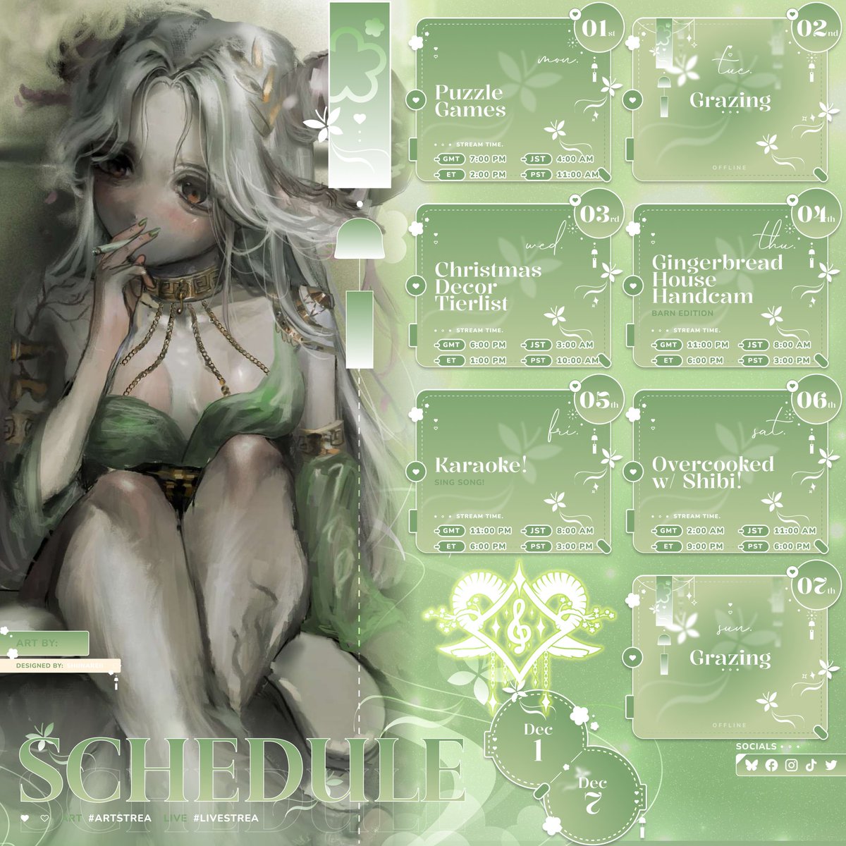 🌿STREAM SCHEDULE🌿
📅12/1- 12/7

Hello baabies! I LOVE YOU BAABIES! come to stream okay? :D

🌿Live: #LIVEstrea
🎨Art: #ColorARTura
🤡Meme: #MEMEstrea
🎼Music: #Colornatura
🔞NSFW: #Asstrea