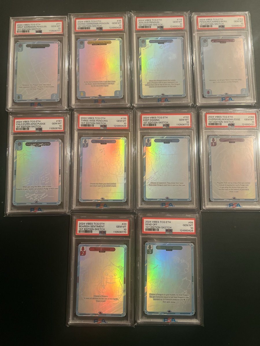 leap_xyz's tweet image. I have one of the biggest collections of psa 10 Pudgy Penguin sketch cards. I think market price is somewhere between 20 to 40k usd for the set. Thinking about auctioning them off for charity. Should I do it?