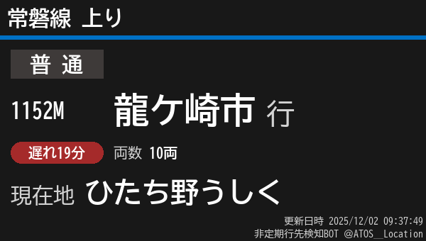 ATOS_Location's tweet image. 【非定期】常磐線 上り
列車番号: 1152M
種別: 普通
行先: 龍ケ崎市