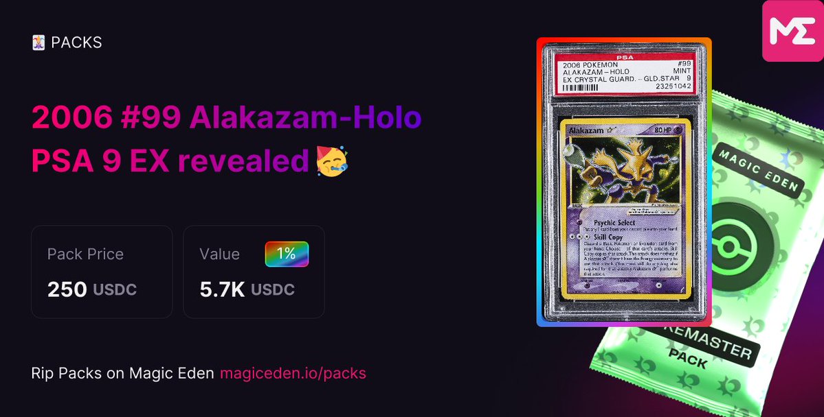 420pharaoh's tweet image. Just got 2006 #99 Alakazam-Holo PSA 9 EX  from Packs on @MagicEden!  @MagicEdenComm @Collector_Crypt   BIG HIT!!! #Pokemon