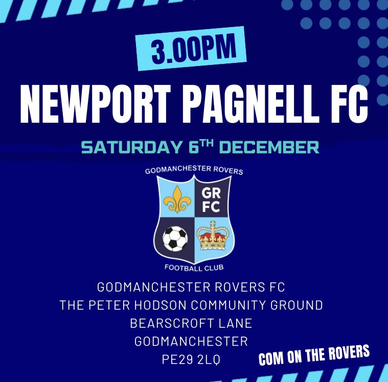 Saturday 💙⚽️💙

Next up is a home match V <a href="/nptfc/">Newport Pagnell Town FC</a> on Saturday with a 3pm kick off, get along and support Seb and the lads, gates and bar open at 1.30pm 💙⚽️💙

<a href="/utdcos/">UCL</a> <a href="/UCLFanZone/">UCL Fan Zone</a> <a href="/GoddyNews/">Godmanchester Rovers News</a> <a href="/squeezefootball/">Squeeze</a> <a href="/HuntsFA/">Huntingdonshire FA</a>