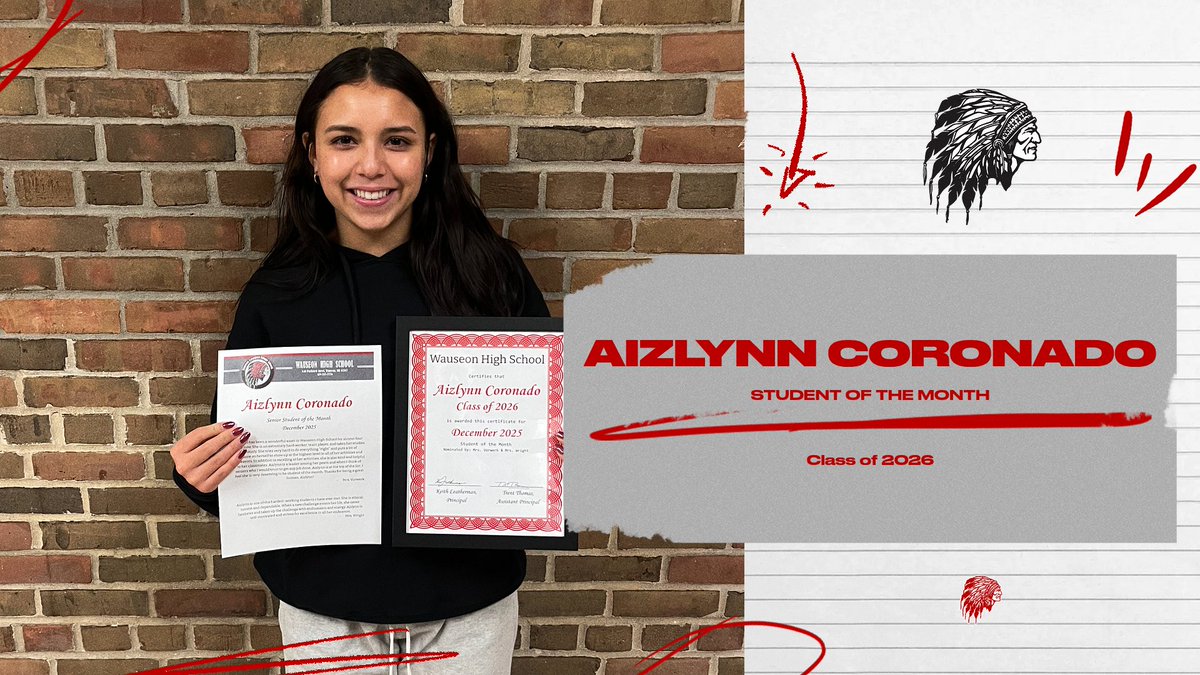 Congratulations to Aizlynn Coronado, our Senior Student of the Month! Aizlynn was nominated by Mrs. Vorwerk and Mrs. Wright. #WauseonPride