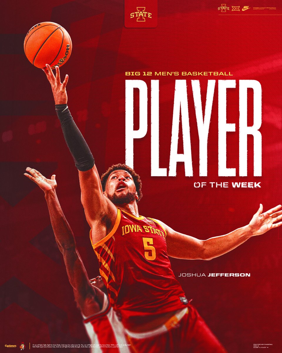 𝙏𝙝𝙚 Big 12 Player of the Week.

#Cyclones | #C5C | <a href="/Joshua_LV0/">Joshua Jefferson</a>