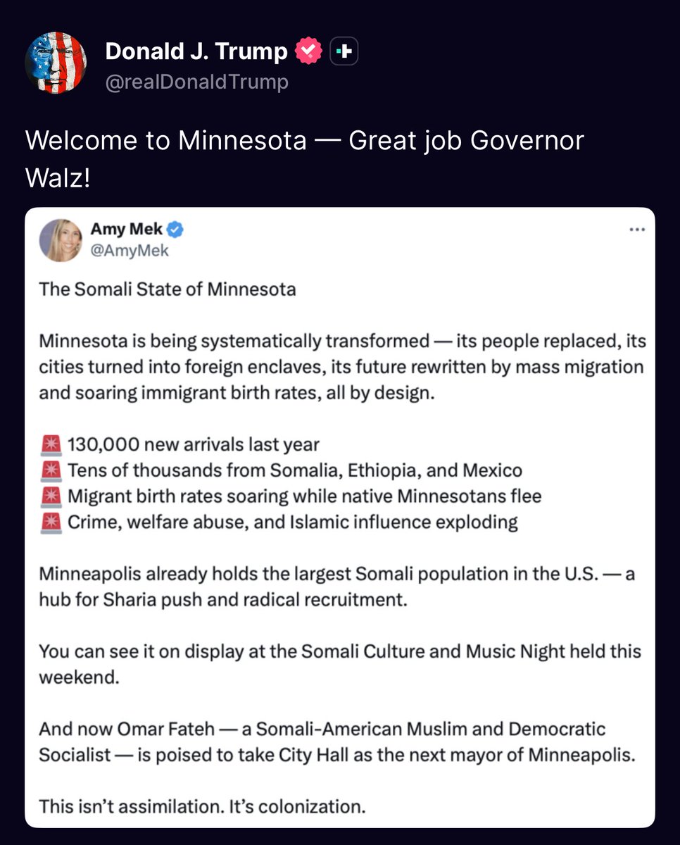 nicksortor's tweet image. 🚨 JUST IN: President Trump goes after Tim Walz for practically surrendering Minnesota to Somalia

“Welcome to Minnesota — Great job Governor Walz!”

Great report, @AmyMek