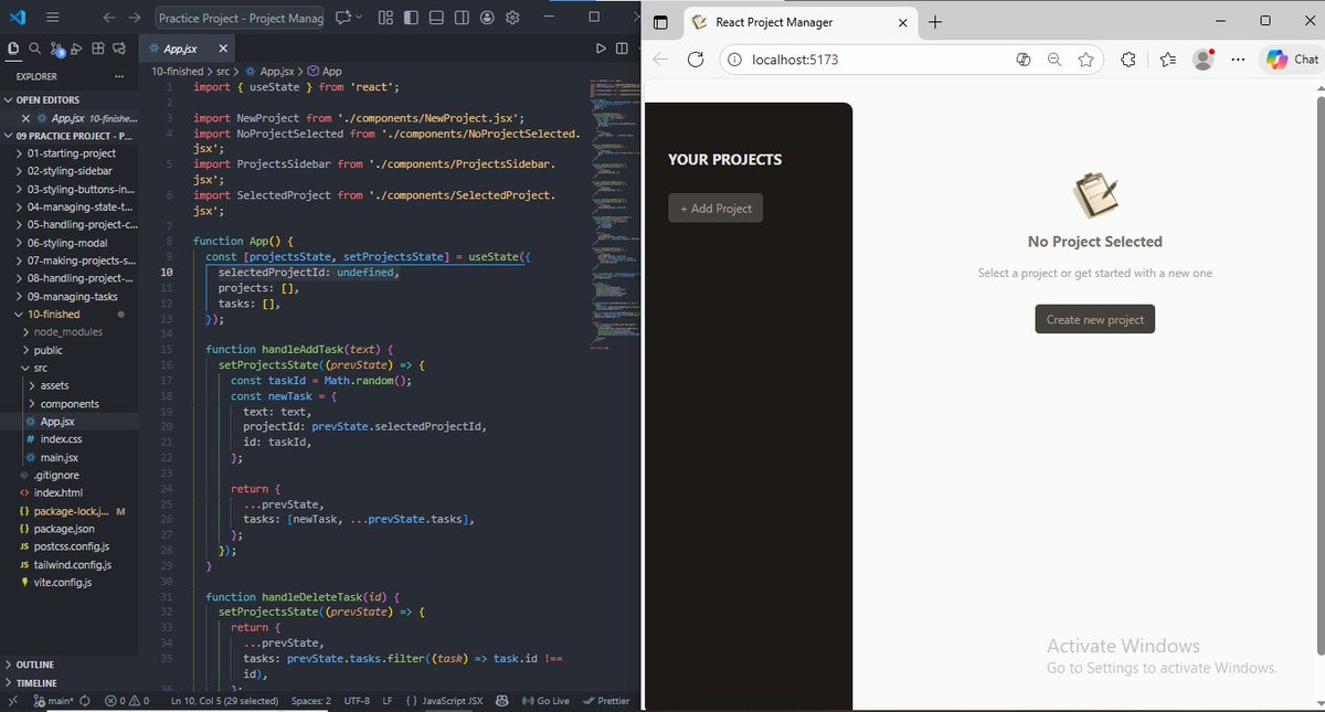 Karatumary_'s tweet image. Day 16 of React- Completed my Project Management App.
Built features to add projects(title, description &amp;amp; dueDate), useRef + forwardRef for inputs, useState for view switching, reusable components and UI.
Also Improved my understanding of how data flows in React.
#100DaysOfCode