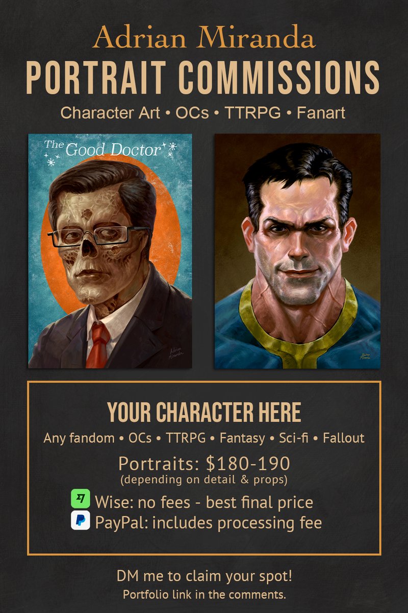 adrianm05917897's tweet photo. β¨ Commission Portraits Open! β¨
High-quality character portraits for OCs, TTRPG heroes, ghouls, scavengers, mechas, fantasy warriors and more!(open to negotiations for other commission modalities such as half body, full body and scenes)
#PortraitCommission #CharacterArtist #OCCommission