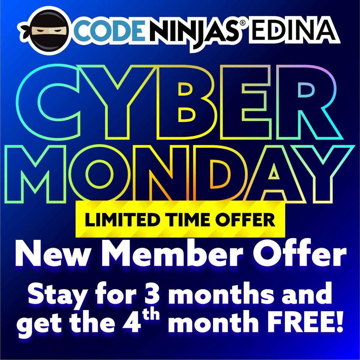 codeninjasmn's tweet photo. 📣Cyber Monday deals! Save up to 25% on summer camps when you buy 4 or more!🤯 - https://t.co/08SuG4pI6k https://t.co/OgWN7ICal9