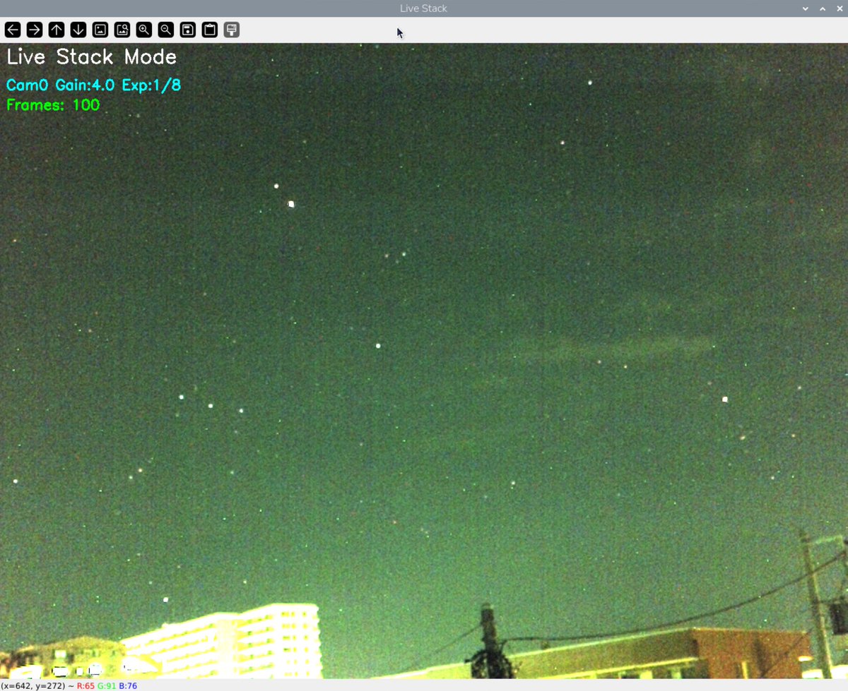 tsukitsuKiss's tweet image. #RasberryPiCameraV3IR でスタックしてきました。
風で一部ぶれてしまいました。
#RaspberryPi5 #LiveStack #ライブスタック