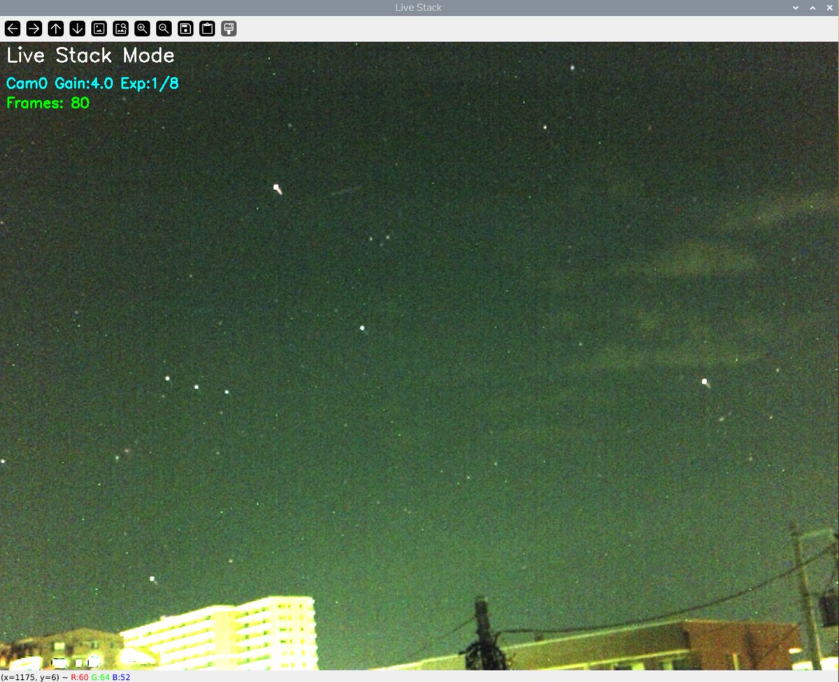 tsukitsuKiss's tweet image. #RasberryPiCameraV3IR でスタックしてきました。
風で一部ぶれてしまいました。
#RaspberryPi5 #LiveStack #ライブスタック