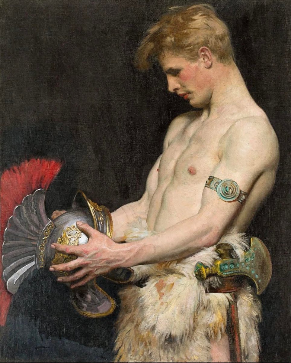 Germanic Warrior Holding a Roman Helmet, oil on canvas by Osmar Schindler, 1902 ... 

Osmar Schindler’s 1902 painting, Germanic Warrior Holding a Roman Helmet, shows the encounter between the Roman Empire and the Germanic tribes. The young warrior, bare-chested and draped in