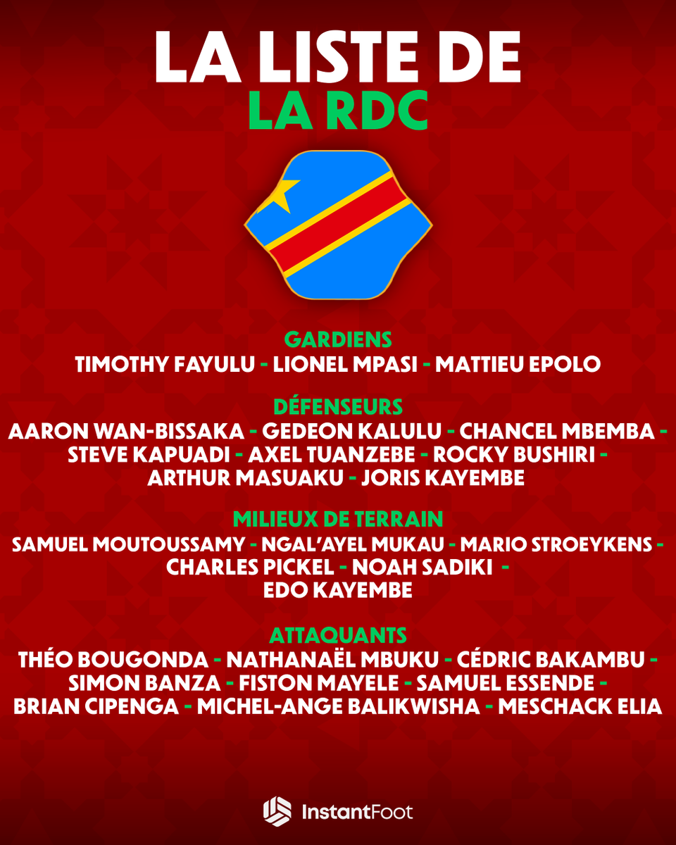 lnstantFoot's tweet photo. 🚨 OFFICIEL ! VOICI LA LISTE DES CONVOQUÉS DE LA RDC POUR LA CAN 2025 ! 🇨🇩🔛

🔙 Simon Banza est de RETOUR !

❌ Absence MAJEURE : Yoane Wissa qui revient tout juste de BLESSURE ! 

👀 Vos avis sur cette liste ? https://t.co/hIpFRpCAoC