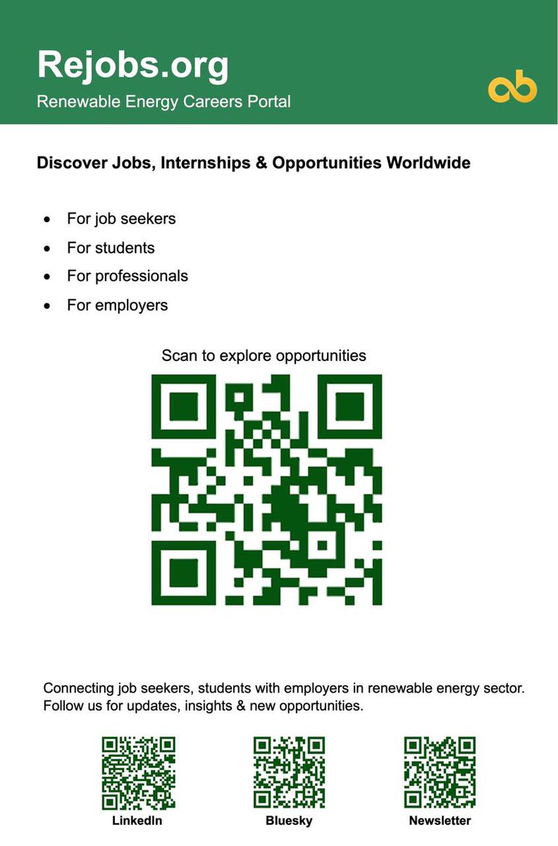For those in the field of renewable energy, some brothers have created a platform for you to facilitate job search, and job adverts.

Check the following links for details: 

rejobs.org

rejobs.org/en/newsletter

x.com/RejobsOrg/media