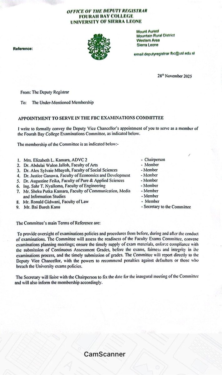 Congratulations @Sheku Putka Kamara on your appointment as a member of the Fourah Bay College Examinations Committee.  This is a giant step in your journey with  the University. 
<a href="/Congratulations/">Congratulations</a>.