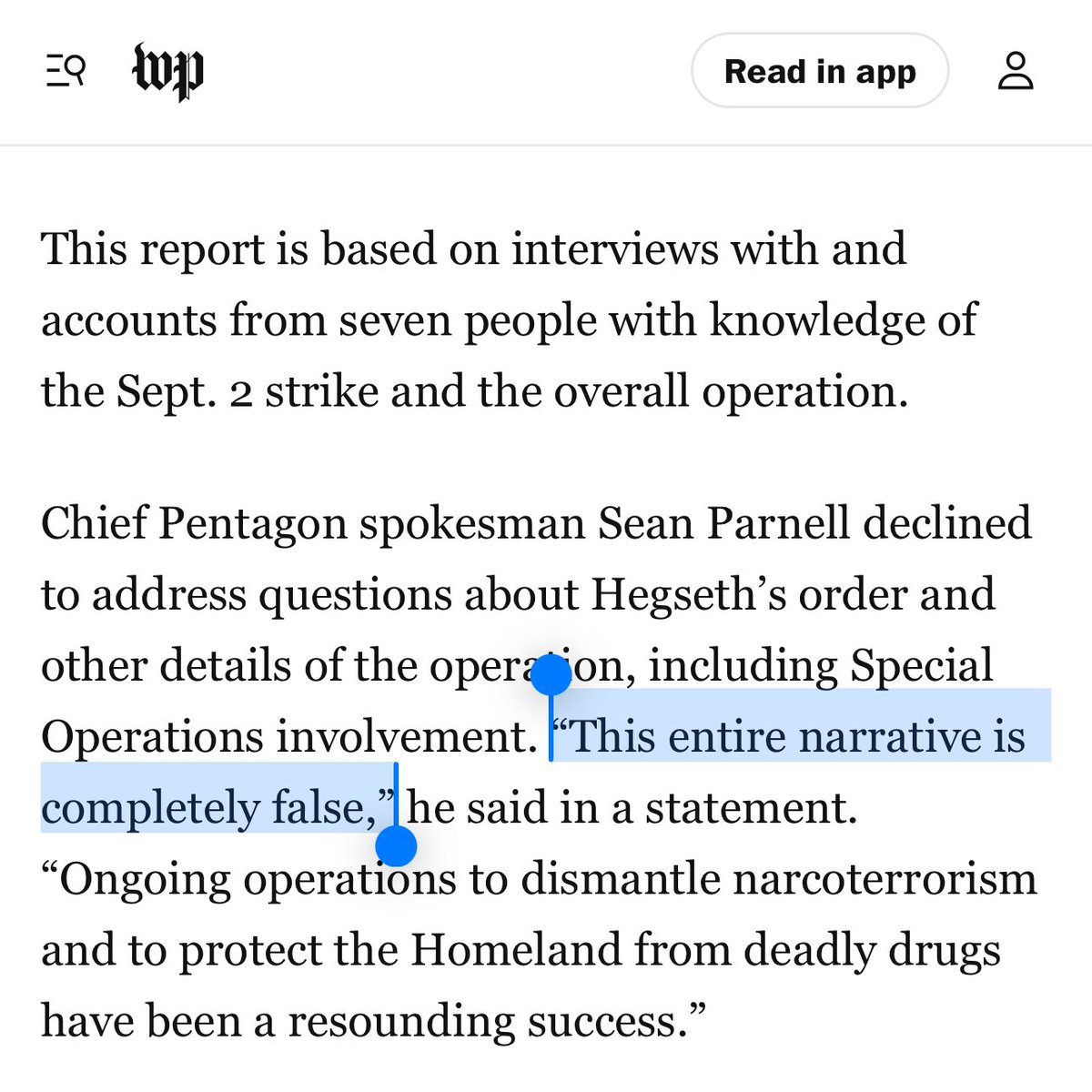 AnnaBower's tweet image. Last week: In response to WaPo’s story on the Sept. 2 boat strikes, the Pentagon says “This entire narrative is completely false.”

Today: The White House confirms that a 2nd strike happened and that “Secretary Hegseth authorized Admiral Bradley to conduct these kinetic strikes”