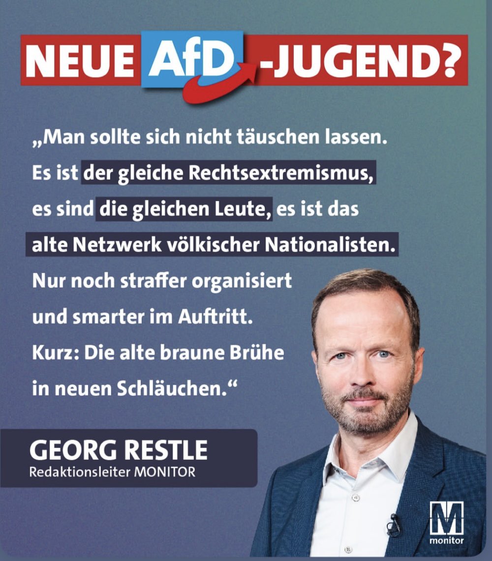 Neue H… , äh AfD Jugend:

„Die alte braune Brühe, in neuen Schläuchen“

Auf den Punkt
<a href="/georgrestle/">Georg Restle</a>