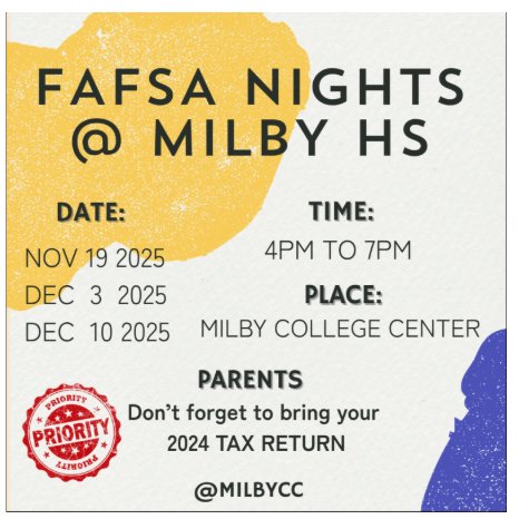 Milby Parents: FAFSA is a graduation requirement. Without a completed FAFSA, your senior will not be able to graduate. Please attend FAFSA Night and get the help you need to complete the application. Thank you for your support in helping our students stay on track for graduation.