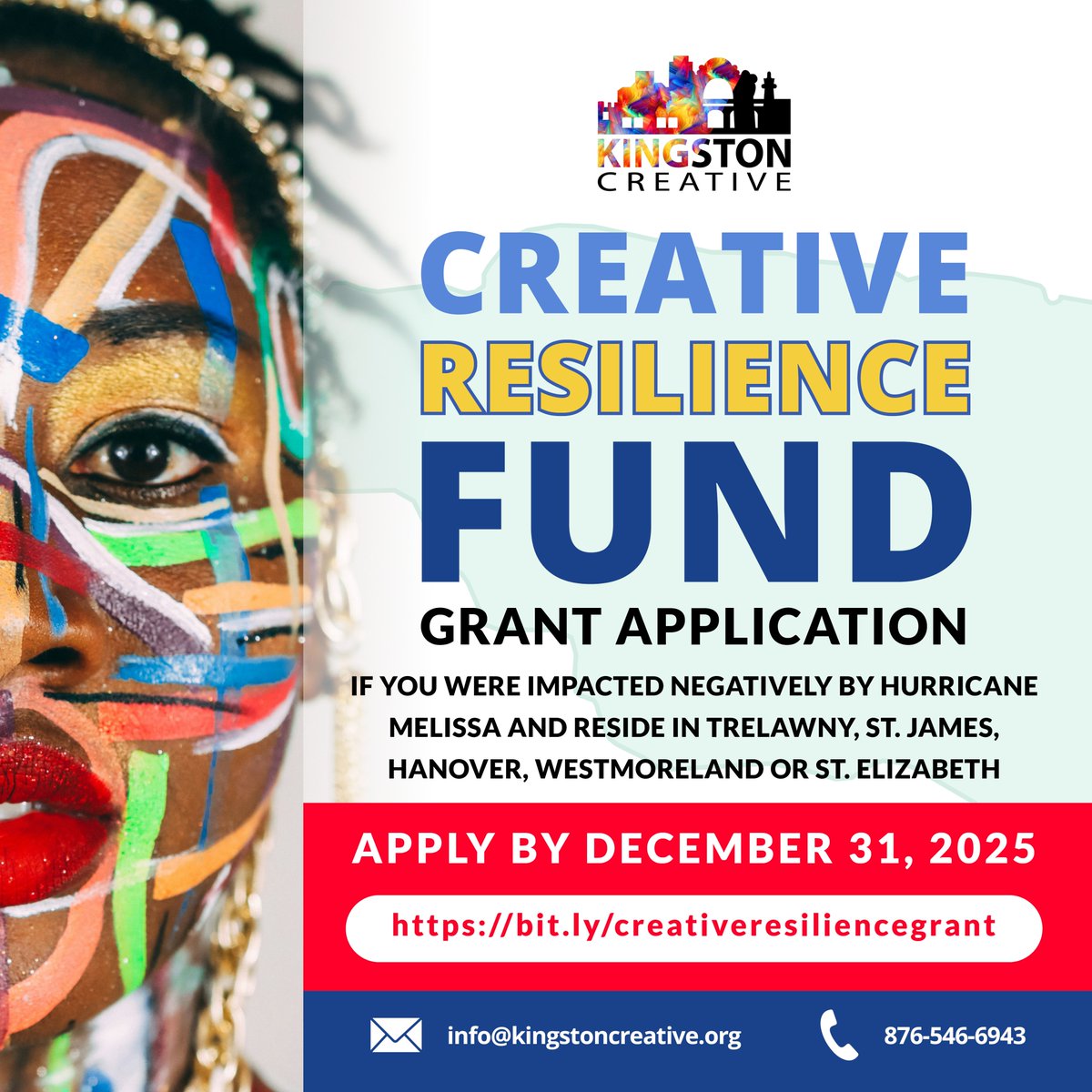 Grant applications are now open to creatives living in Trelawny, St. James, Hanover, Westmoreland, or St. Elizabeth who were negatively impacted by Hurricane Melissa. Please apply for the grant of $30,000JMD before December 31, 2025.       🔗 Apply here: bit.ly/creativeresili…