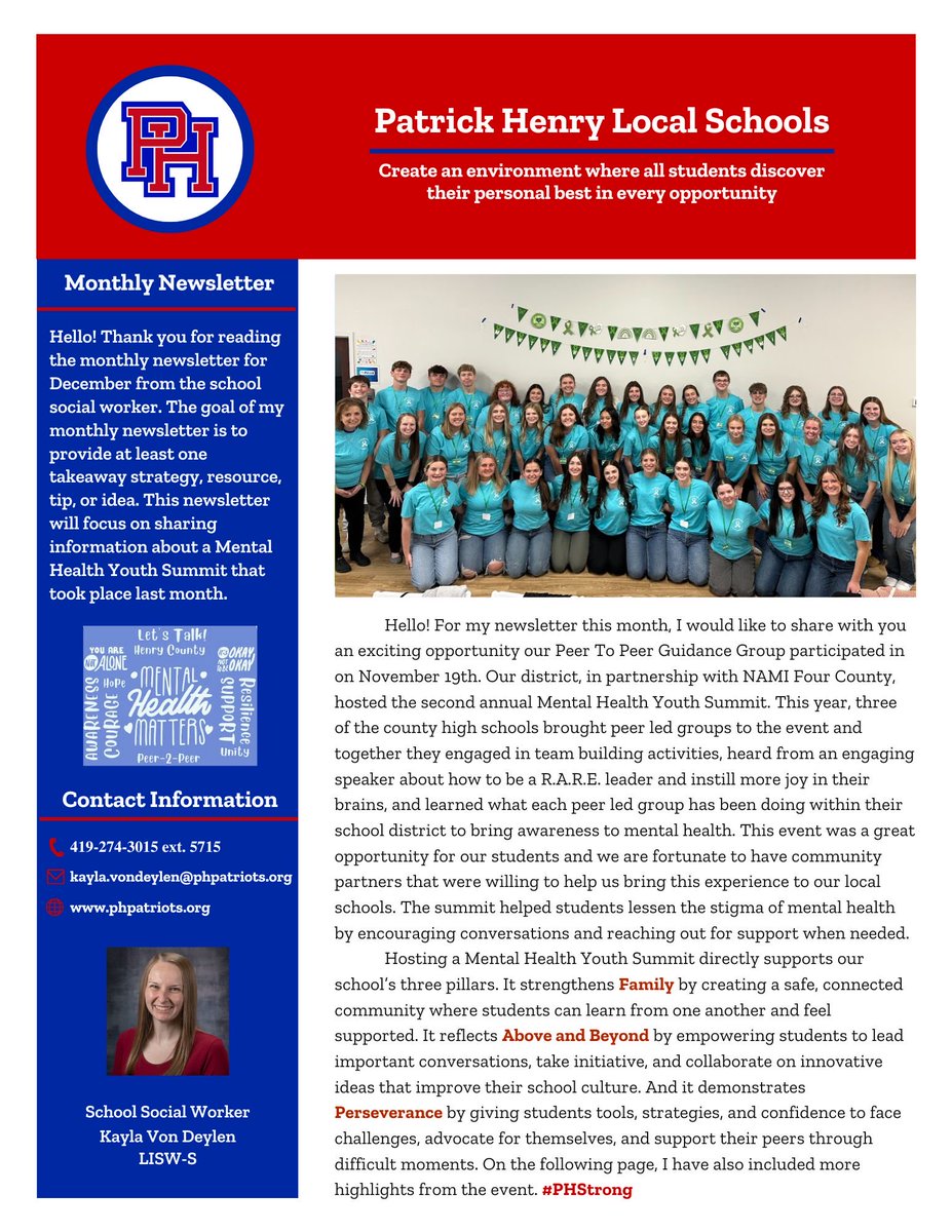 phsocialworker's tweet image. My newsletter this month recaps the mental health youth summit we hosted recently in partnership with NAMI Four County. Our Peer To Peer guidance group was able to attend this event along with Napoleon and Liberty Center’s peer led groups. #PHStrong