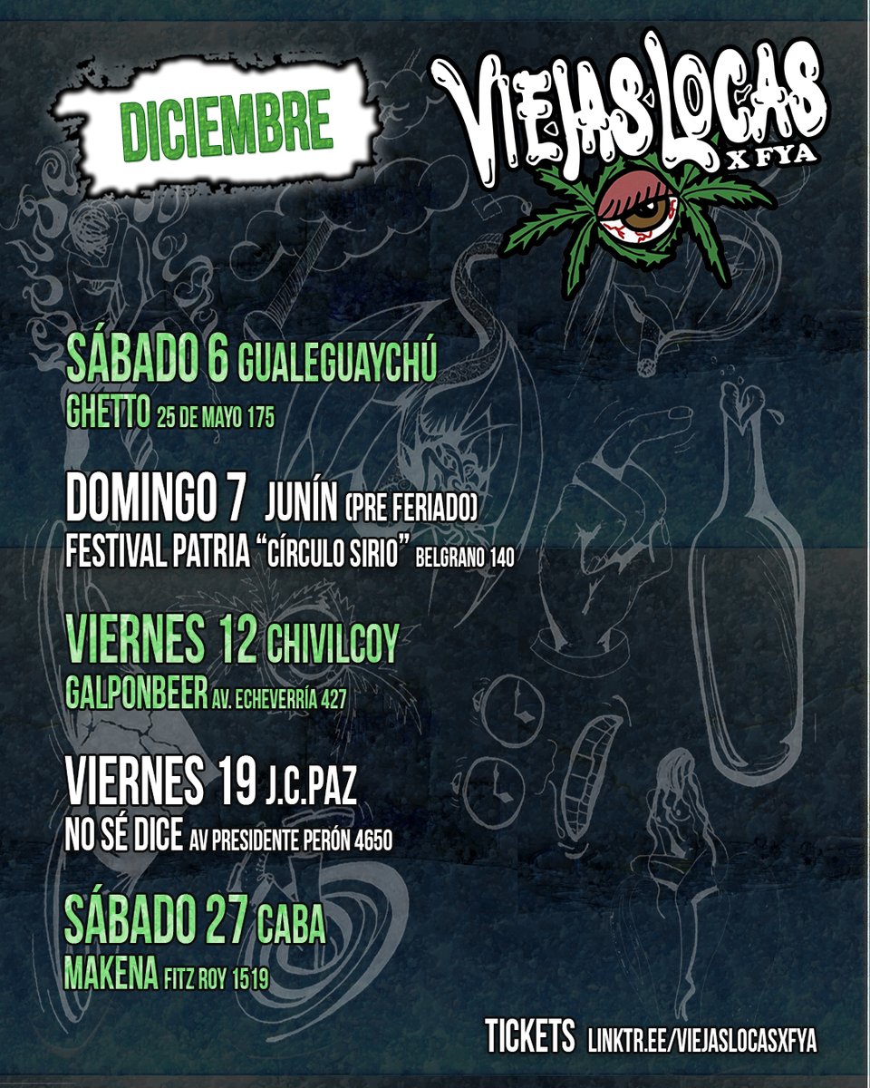 Diciembre..!! 
Sáb 6 / Gualeguaychú
Tickets: passline.com
—————
Dom 7 / Junín
Tickets: planetaentrada.com
—————
Vie 12 / Chivilcoy
Tickets: Galponbeer
—————
Vie 19 / J.C.Paz
Tickets: passline.com
—————
Sáb 27 / Caba
Tickets: passline.com
