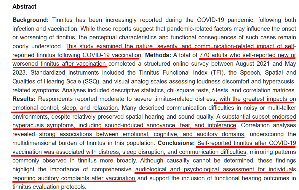 VaccineMole's tweet photo. 🚨New study pub 26 Nov 2025 shows 770 adults reported moderate-severe tinnitus after COVID-19 vaccination with new-onset (74%) or worsening (26%) of high loudness, anxiety, fear, pain, sleep disturbances and strong emotional/cognitive effects, further worsening with boosters.

Source:
https://t.co/W0QGsYffbP