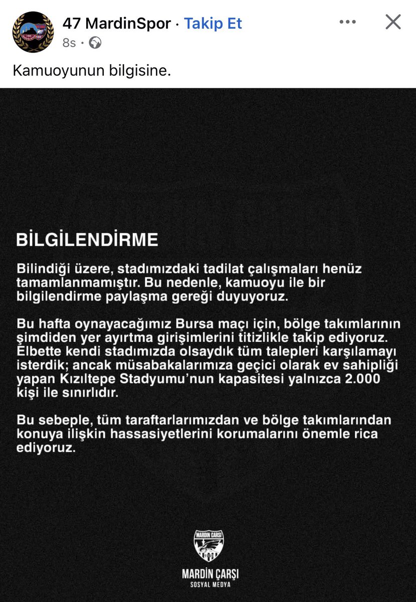 Mardinspor cephesinden Bursaspor maçı öncesi stadyum açıklaması.