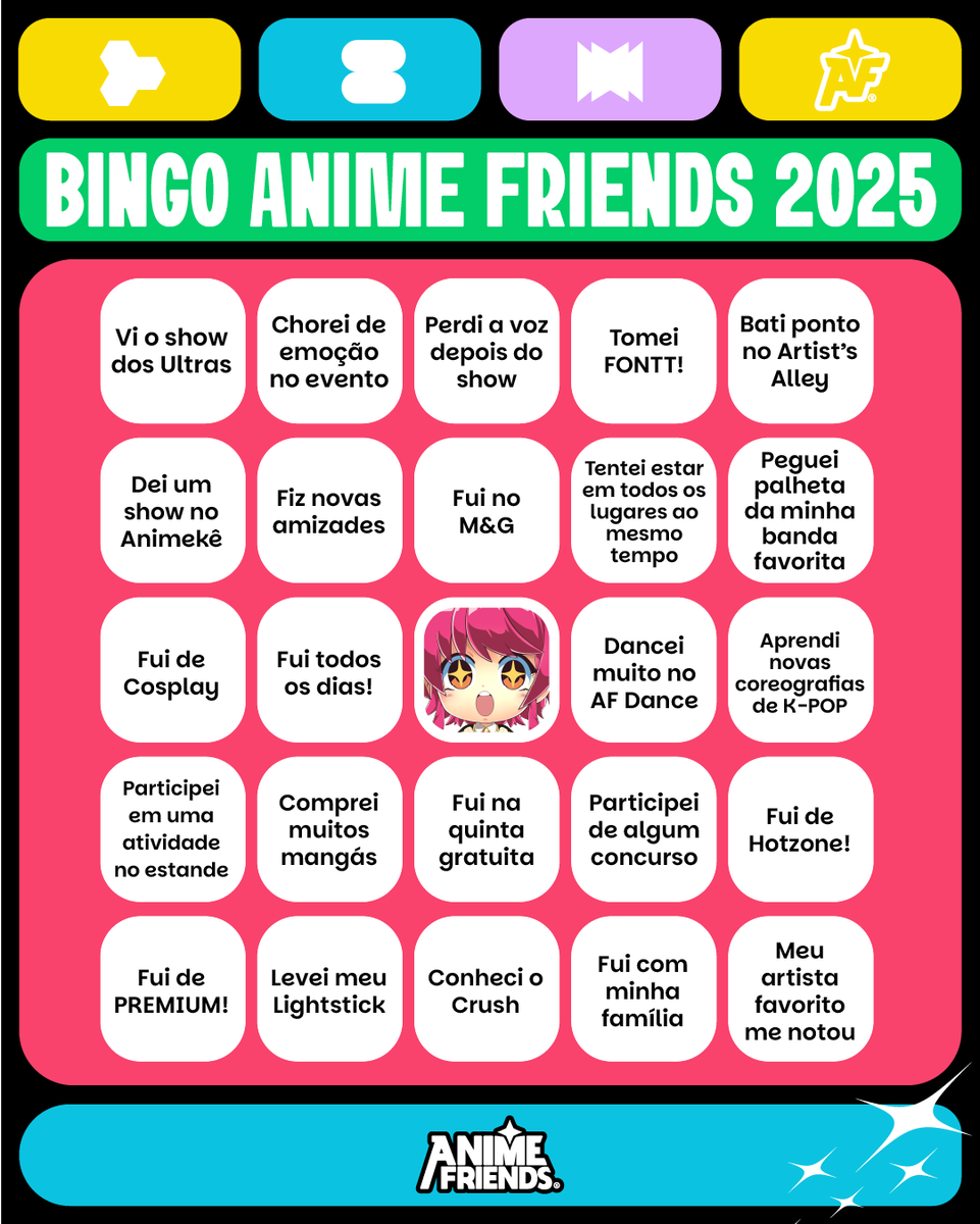 🔶✨ BINGO ANIME FRIENDS 2025 — VALENDO O TÍTULO DE OTAKU OFICIAL DO AF! ✨🔶

Preparem as canetas (ou melhor, os dedos!) porque hoje é dia de provar se você viveu o AF25 intensamente ou se precisa marcar presença com mais força em 2026! 👀🔥

Lançamos o Bingo Anime Friends 2025