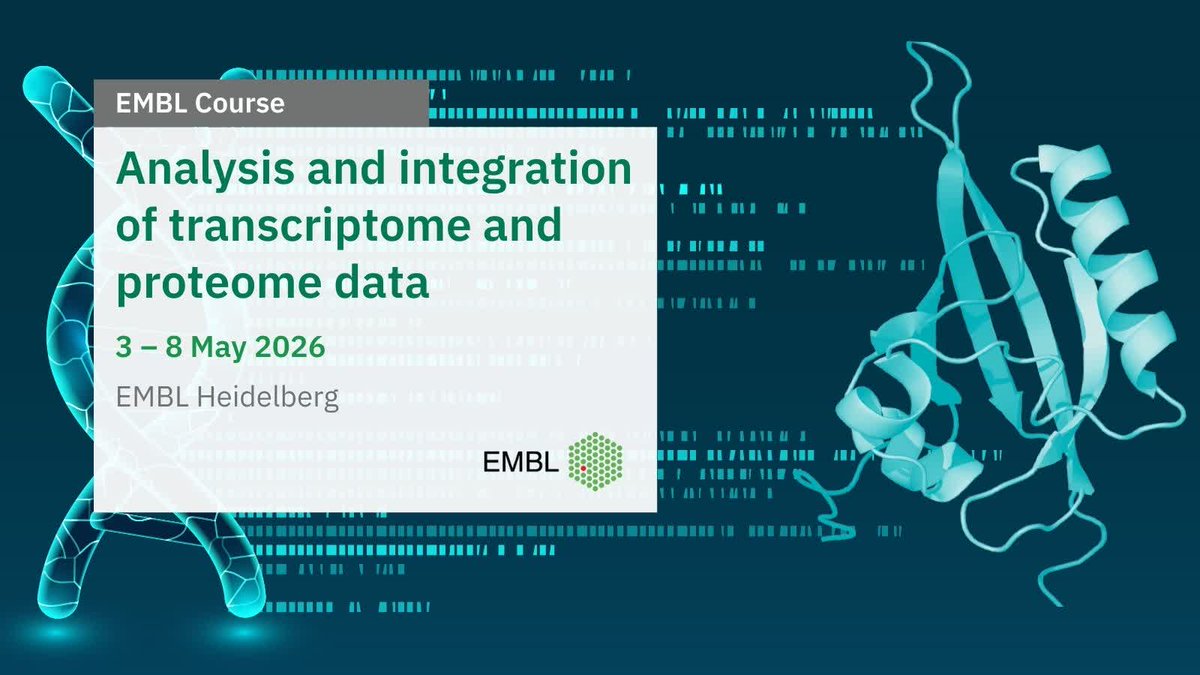 EMBLEvents's tweet photo. Are you a biologist or biochemist just starting to get involved in next-generation sequencing and mass spectrometry-based proteomics? Then this course is for you 👀

🛎️ Apply by 25 January 2026
➡️ https://t.co/qwczCQdxDX 
📌 EMBL Course 'Analysis and integration of transcriptome and proteome data'
🗓️ 3 – 8 May 2026
📍EMBL Heidelberg

Gain theoretical insight in the structure of sequencing and proteomic data, build skills in data analysis for the annotation, quantification, and statistical analysis of gene and protein expression using various computational tools. Plus, learn how to use Cytoscape to derive biological insights from the integration of both data types. Don't miss out! #EMBLDataIntegration