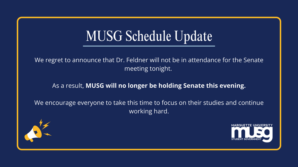 MUStudentGov's tweet image. An important announcement regarding tonight's (12/1) scheduled Senate meeting.