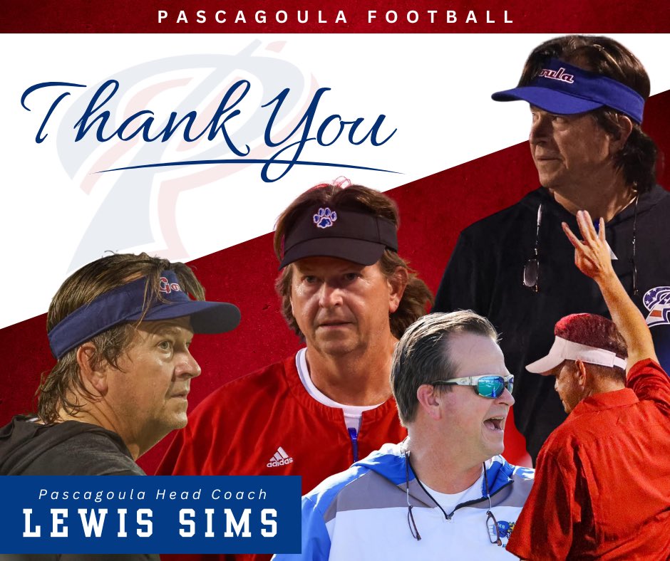 PascagoulaFB's tweet photo. After 15 seasons as the Head Coach at Pascagoula, Lewis Sims has officially stepped down and will retire from coaching and teaching at the end of this semester.

Coach Sims notified his team and coaches on Monday.

“Thank you all for the support and memories over the last 15 years. It’s been fun,” said Sims, expressing appreciation to the Pascagoula community who embraced him. “I wish the program fair winds and following seas in its next chapter.”

@Coach_Sims_44 will leave Pascagoula as the longest tenured and winningest head football coach in the program’s 106 years history.