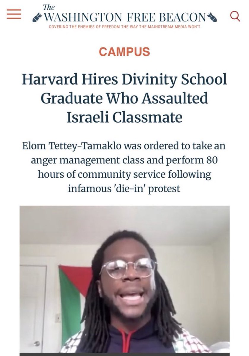EYakoby's tweet image. BREAKING: The Harvard student who assaulted a classmate at a pro-Hamas rally has now been rewarded with a job by the university.

The attack was so severe Harvard forced him into anger management.

Harvard doesn’t “tolerate” antisemitism and violence — it rewards it.