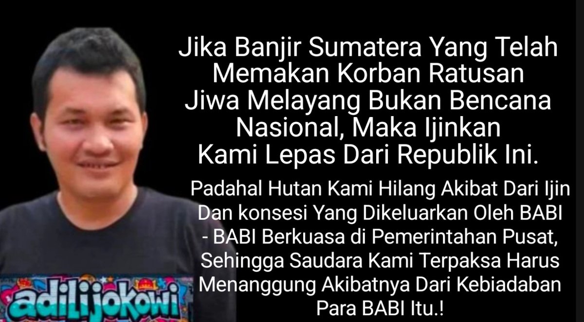 Minyak Kami Milik Pusat. 
Hutan Kami Milik Pusat. 
Emas dan Hasil Tambang Kami Milik Pusat.

Namun Giliran Bencana Banjir dan Longsor Yang Terjadi Meskipun Ratusan Nyawa Melayang Hingga Terdampak 3 Provinsi Pusat Terkesan Cuci Tangan Dan Menolak Menjadikan Itu Bencana Nasional.