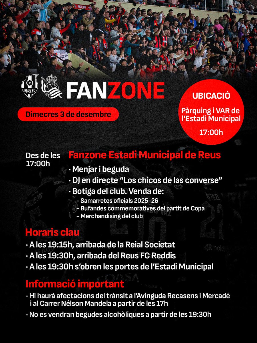 ReusFCR's tweet photo. 😍 Viu la 𝑭𝑨𝑵 𝒁𝑶𝑵𝑬 del #ReusRealSociedad ❤️🖤

🎶 T’esperem dimecres a partir de les 17h a l’Estadi Municipal per gaudir d’una prèvia històrica! 

I durant el partit… sorteigs, concursos i més sorpreses molt i molt 𝗧𝗢𝗣 🔜🏆 https://t.co/zhOKsqco66