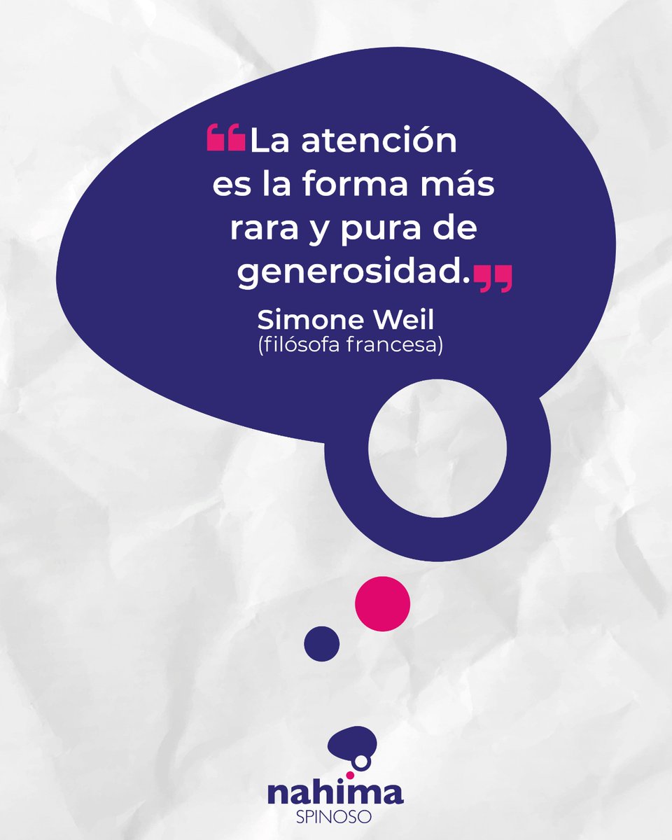 ClickConsciente's tweet image. En un mundo de notificaciones constantes, tu atención es el recurso más escaso. Te dejo la frase de Simone Weil que nos comparte #NahimaSpinoso en sus redes para reflexionar esta semana.
#SimoneWeil #Atención #BienestarDigital #Algoritmos #ClickConsciente