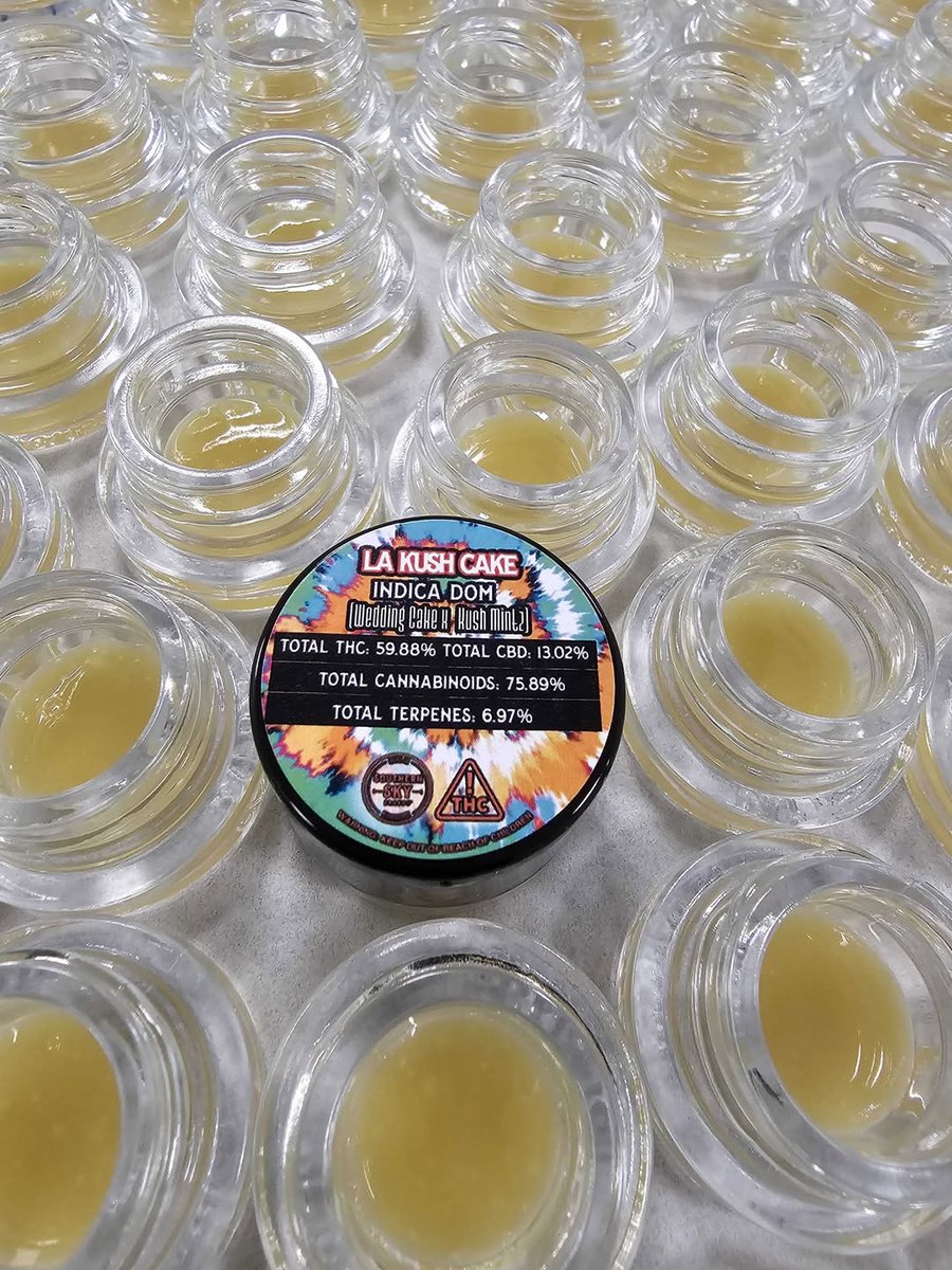 From Southern Sky Brands- LA Kush Cake Live Rosin Jam- Live Rosin Jam is different from regular Cold-Cure Rosin because of the small THCA diamonds floating within the gooey rosin sauce. This is a solventless product made without chemicals - only water, ice, heat, and pressure.