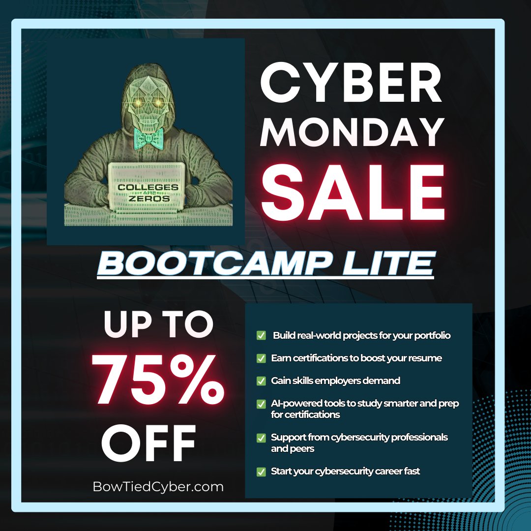 BowTiedCyber's tweet image. ‼️‼️ LAST CHANCE TO JOIN AT THIS PRICE ‼️‼️

The biggest Bootcamp Lite deal of the year ends tonight.

Back for one final day due to popular demand. 🚀

Join Z2H Cybersecurity Bootcamp LITE COHORT 0 at 75% OFF

bowtiedcyber.com/bootcamp-lite-…