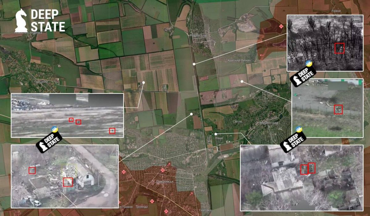 Map showing geolocations of Russian troops north and northeast of Pokrovsk from <a href="/Deepstate_UA/">DeepState UA</a>. They say that Russian forces are setting up ambushes, mining, and building engineering obstacles in the area between Rivne and Krasny Lyman (to the north and west of Myrnohrad).