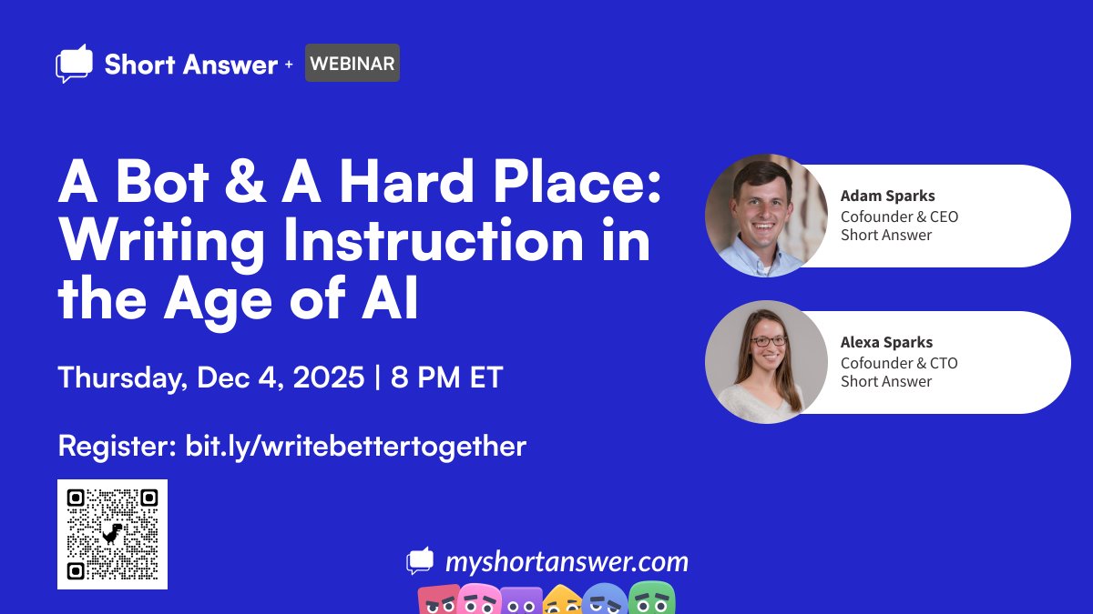 mrsparkstweets's tweet image. 🚨 We&apos;re leading a condensed version of our half-day Writing Instruction in the Age of AI workshop this Thursday, December 4th, at 8 PM ET. You can learn more and register here: us06web.zoom.us/webinar/regist…