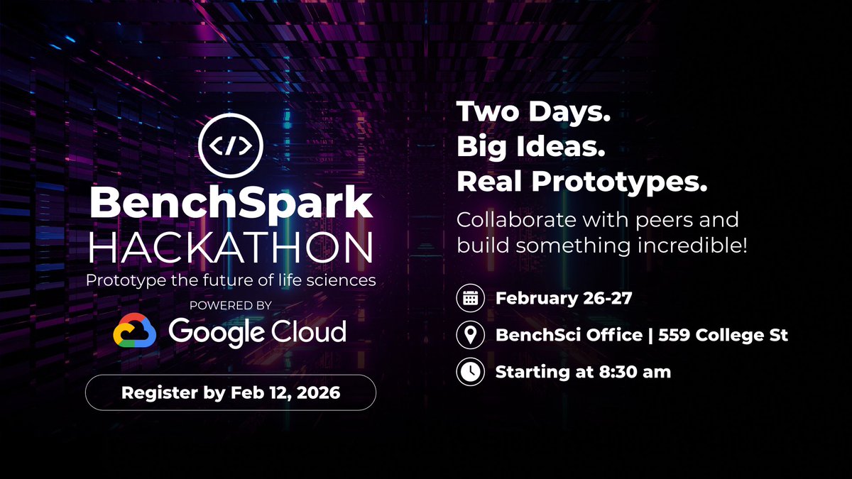 BenchSci's tweet image. 🚀 The BenchSpark Hackathon powered by @googlecloud is here!

Prototype the future of life sciences and help build AI tools that can accelerate preclinical research.

Apply by Feb 12: benchsci.com/benchspark