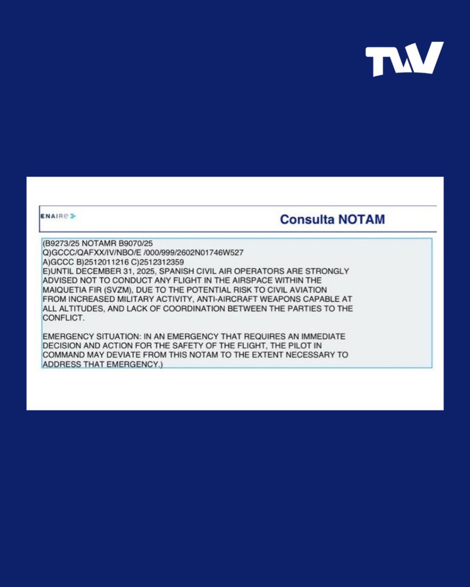 La Agencia Española de Seguridad Aérea decidió prolongar hasta el 31 de diciembre la restricción para que aeronaves civiles eviten el espacio aéreo venezolano, citando un “riesgo potencial” para la navegación, según datos de ENAIRE.

El aviso operacional detalla la presencia de