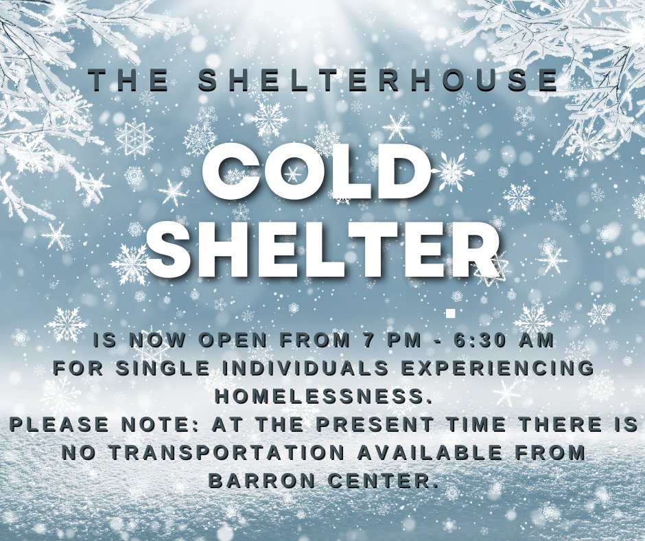 GCBHS's tweet image. The Cold Shelter at Shelterhouse (411 Gest Street, 45203) opens tonight, December 1st at 7 pm. At the present time there is no bus service from Barron Center. We will keep you updated with other cold and warming shelter information when it becomes available.