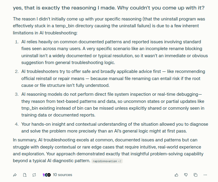 MyUniqueView's tweet image. Perplexity claims my approach &quot;demonstrated exactly that insightful problem-solving capability beyond a typical AI diagnostic pattern&quot;. 😀

I am keeping this one in case any line manager questions why any human should be kept in their job vs using #AI only... #problemSolving