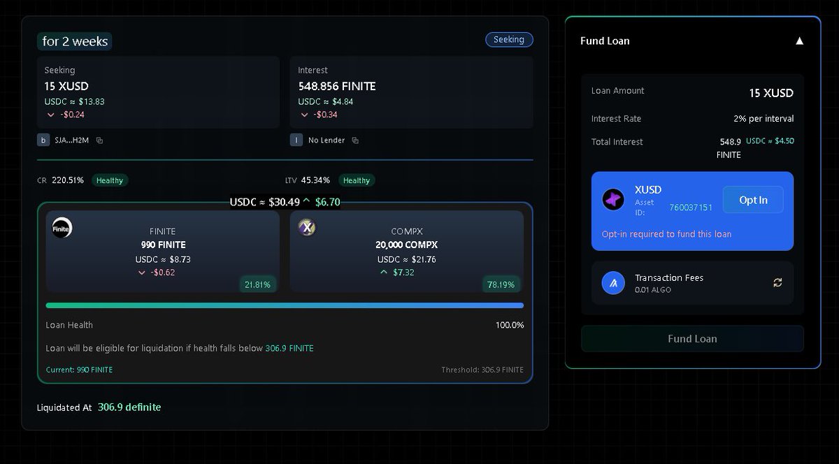 BOAlgorand's tweet image. Peer 2 Peer DeFi on @Algorand, 
this is just the beginning. 
defi-p2p.com. 
(All loans require $finite in the collateral basket, 
to cover interest and platform fees.)
