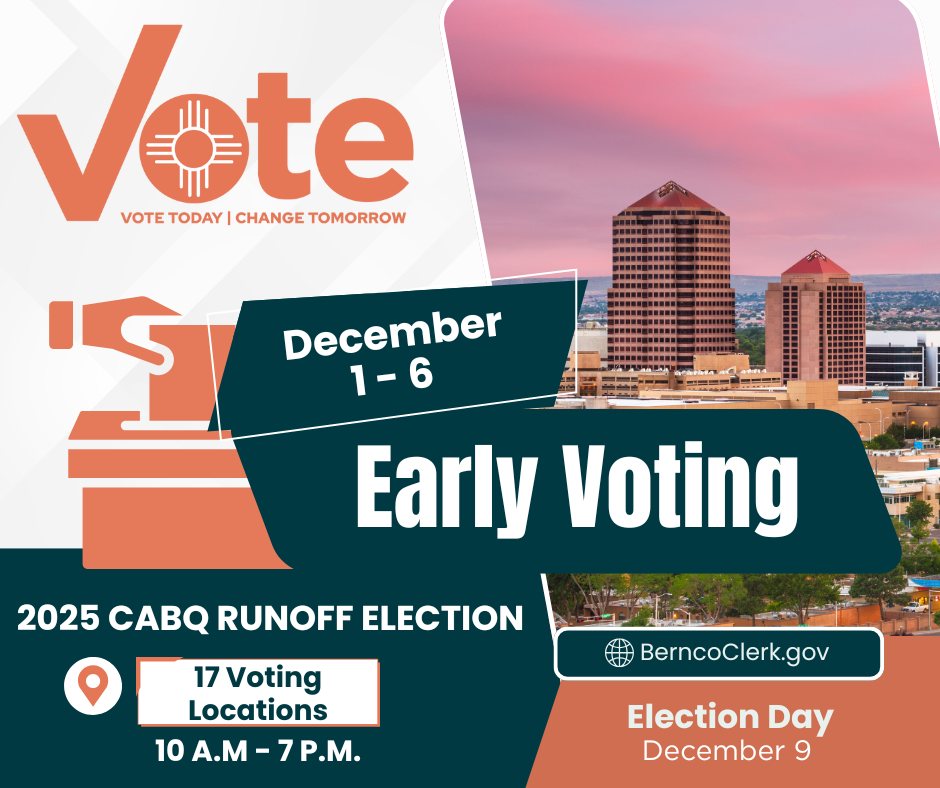 BernCounty's tweet photo. Early voting for the 2025 City of Albuquerque #RunoffElection is now underway at 17 locations citywide!

Voters will decide contests for Mayor and City Council Districts 1 &amp; 3 after no candidate won a majority in November.🗳️

More info: https://t.co/4OsywCIUvP https://t.co/DVknFev7M1