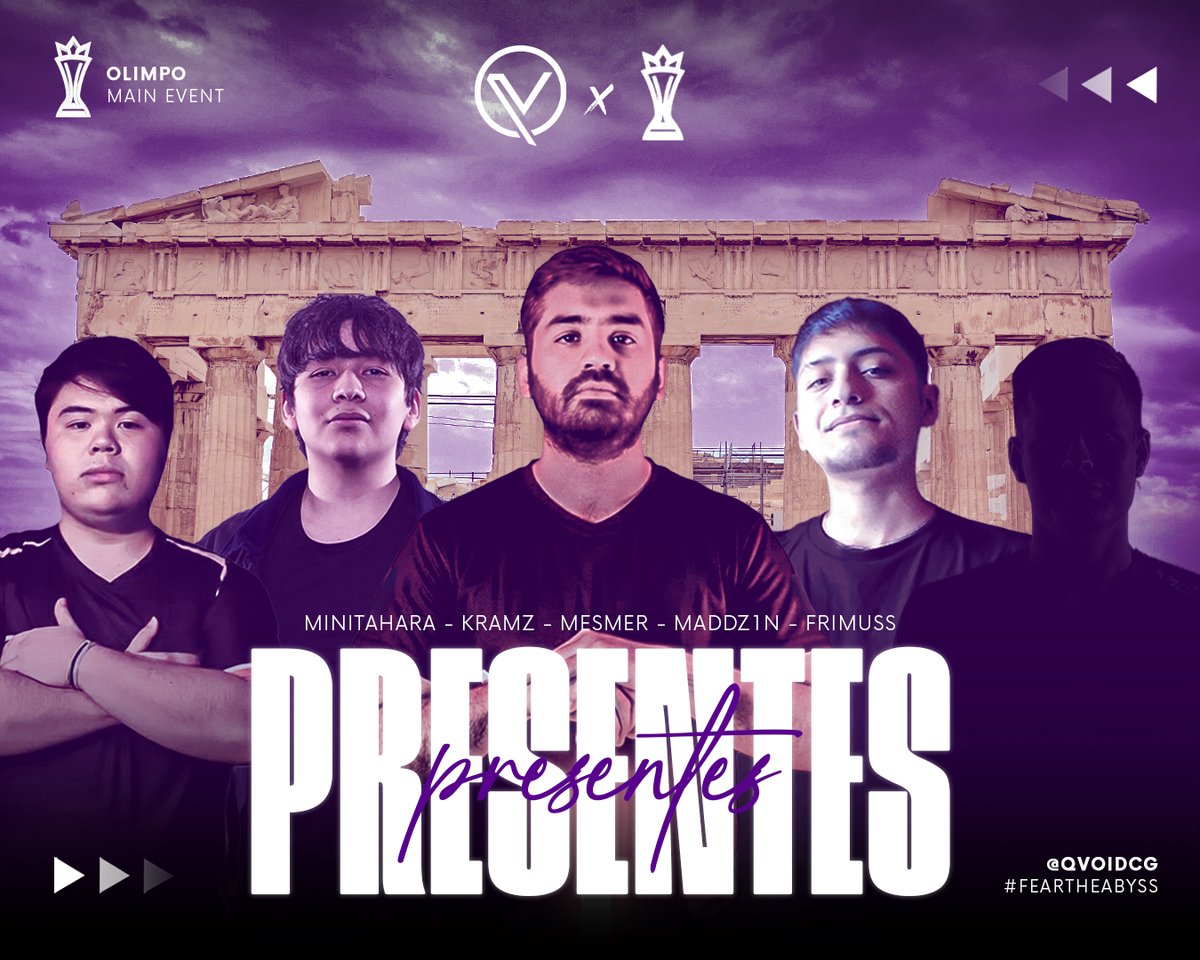 QVoidCG's tweet photo. LA HISTORIA ESPERA. ESTAMOS PRESENTES. 🏆 Este es el roster que nos representará en @ElOlimpoCl Main Event. Combinación de experiencia, talento y el refuerzo de Kramz para ir a pelear la cima. El abismo está listo. #FEARTHEVOID #GOQV https://t.co/xLEkNjVtIY