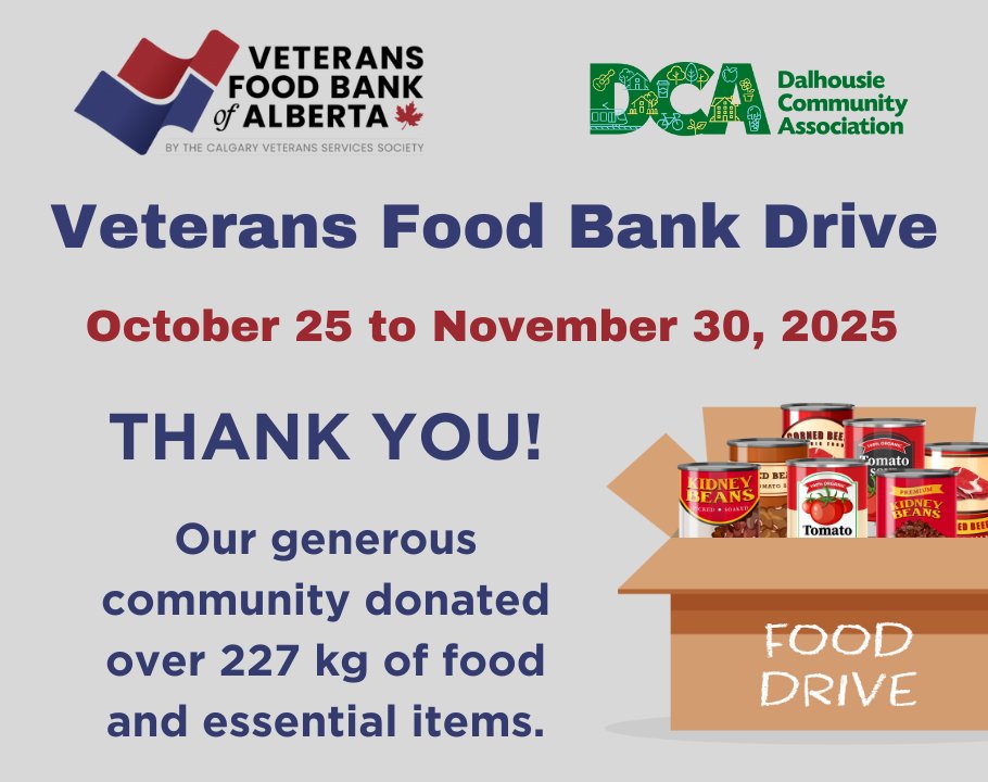 THANK YOU!

Thanks to the generosity of Dalhousie residents and Calgarians from across the city, we were able to donate over 227 kg of food and essential items to the Veterans Food Bank.

A heartfelt thank you to everyone who contributed to the Veterans Food Drive!
