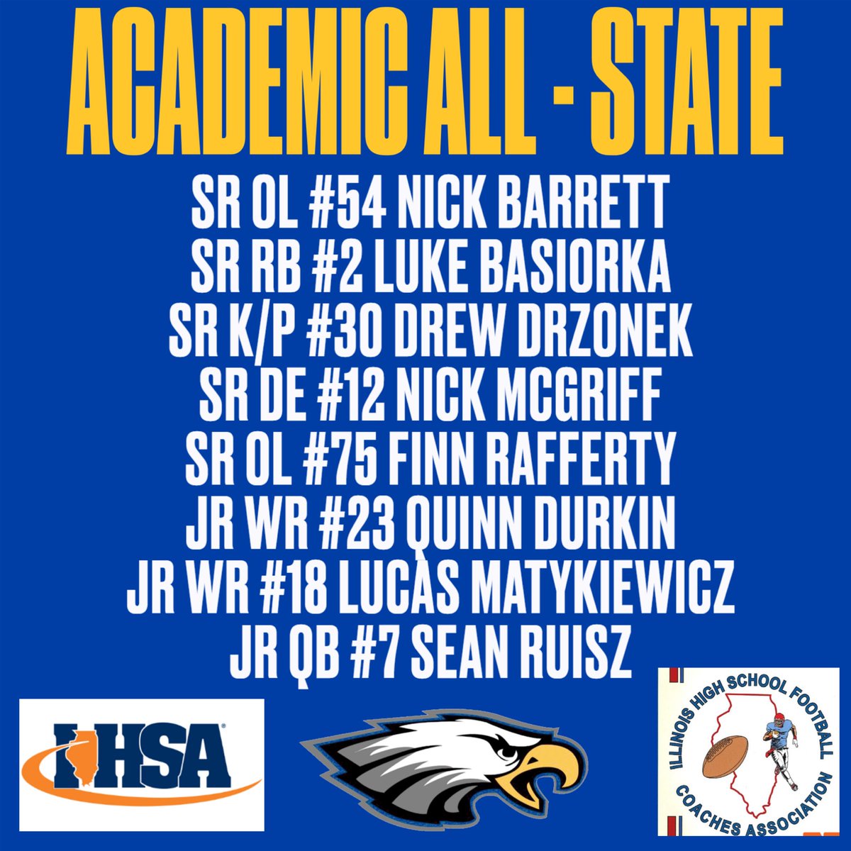 SandburgEagles's tweet image. IHSFCA ACADEMIC ALL-STATERS 

Great job to these guys getting it done both on and off the field. Congratulations! 

@NickBarrett56 @lukebasiorka2 @ddrzonek_17 @finn_rafferty75 @Quinn_Durkin10 @lucasmaty18 @sruisz3 

#FlyWithUs 🟡🔵🦅🏈