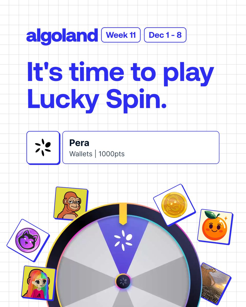 AlgoFoundation's tweet image. Welcome to week 11 of Algoland!

This week, it’s all about spinning and winning with the @PeraAlgoWallet 🏆