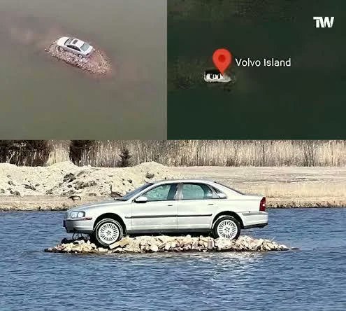 historyinmemes's tweet photo. Apparently a local car shop owner intentionally stranded a 2001 Volvo S80 on a tiny "island" as a publicity stunt in 2012. It’s still there &amp; shows up on Google Maps as "Volvo Island" (Ottawa, Illinois) https://t.co/SGYOMSBHmH