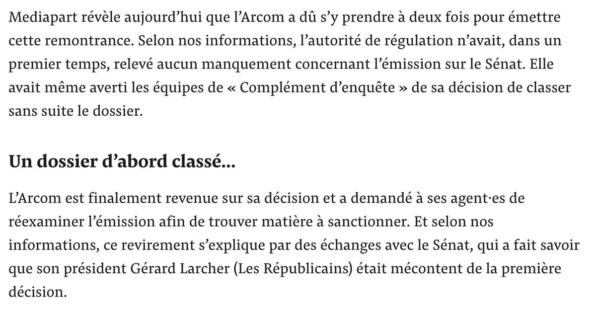 Alexlevrier's tweet image. .@mediapart.fr révèle que l&apos;@Arcom_fr a sanctionné @Cdenquete à la demande expresse de @gerard_larcher. Entre soumission au pouvoir politique et bollorisation à marche forcée, la présidence de Martin Ajdari est décidément un absolu naufrage.  mediapart.fr/journal/cultur…