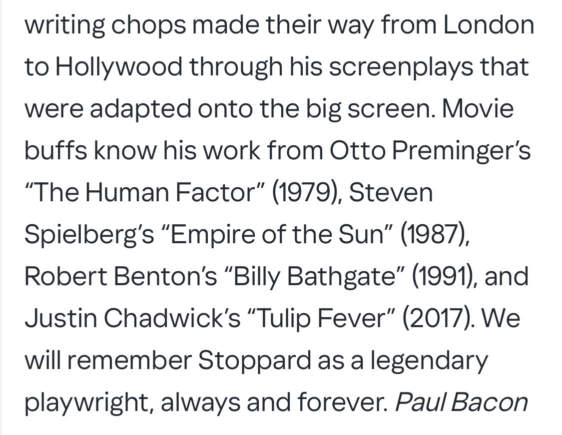 This is my Letter to the Editor from the Dec. 1 New York Daily News about legendary British playwright Tom Stoppard. He won an Oscar for his screenplay for the 1998 film “Shakespeare in Love.”